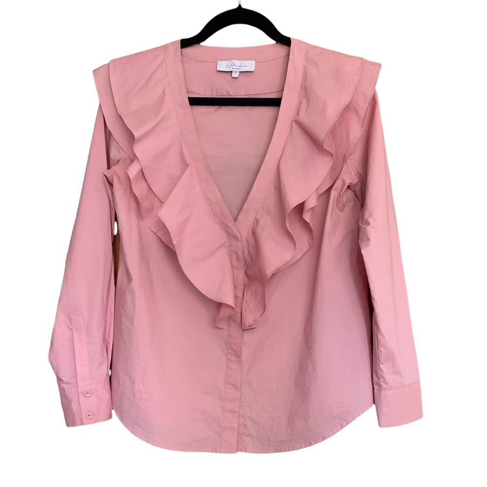 L'Academie Womens Pink‎ Ruffle V-Neck Long Sleeve Blouse Top